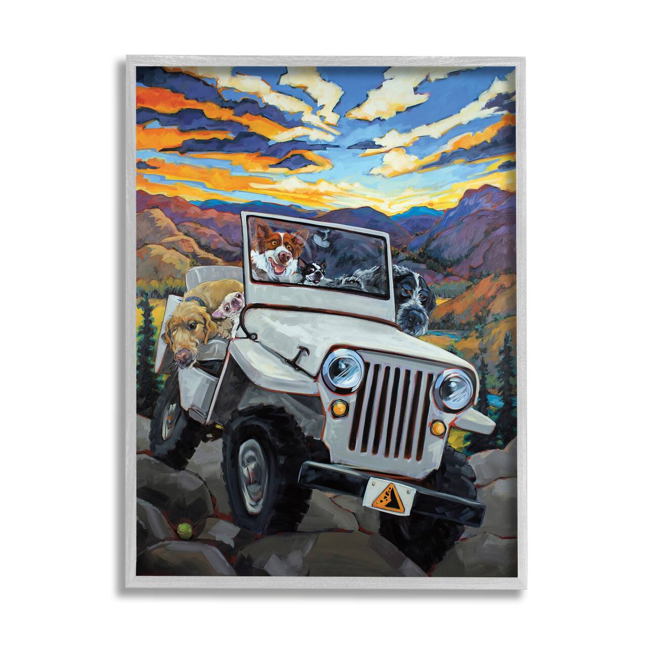 Stupell Industries Dogs Off-Roading Mountain Sunset Wall Art with Gray Frame